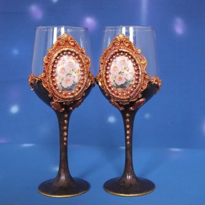 Wine Goblets Wine Glasses   Hand decorate wine glass  Flower clay cup  Anniversary Gift  Birthday Gift  Brown Gold