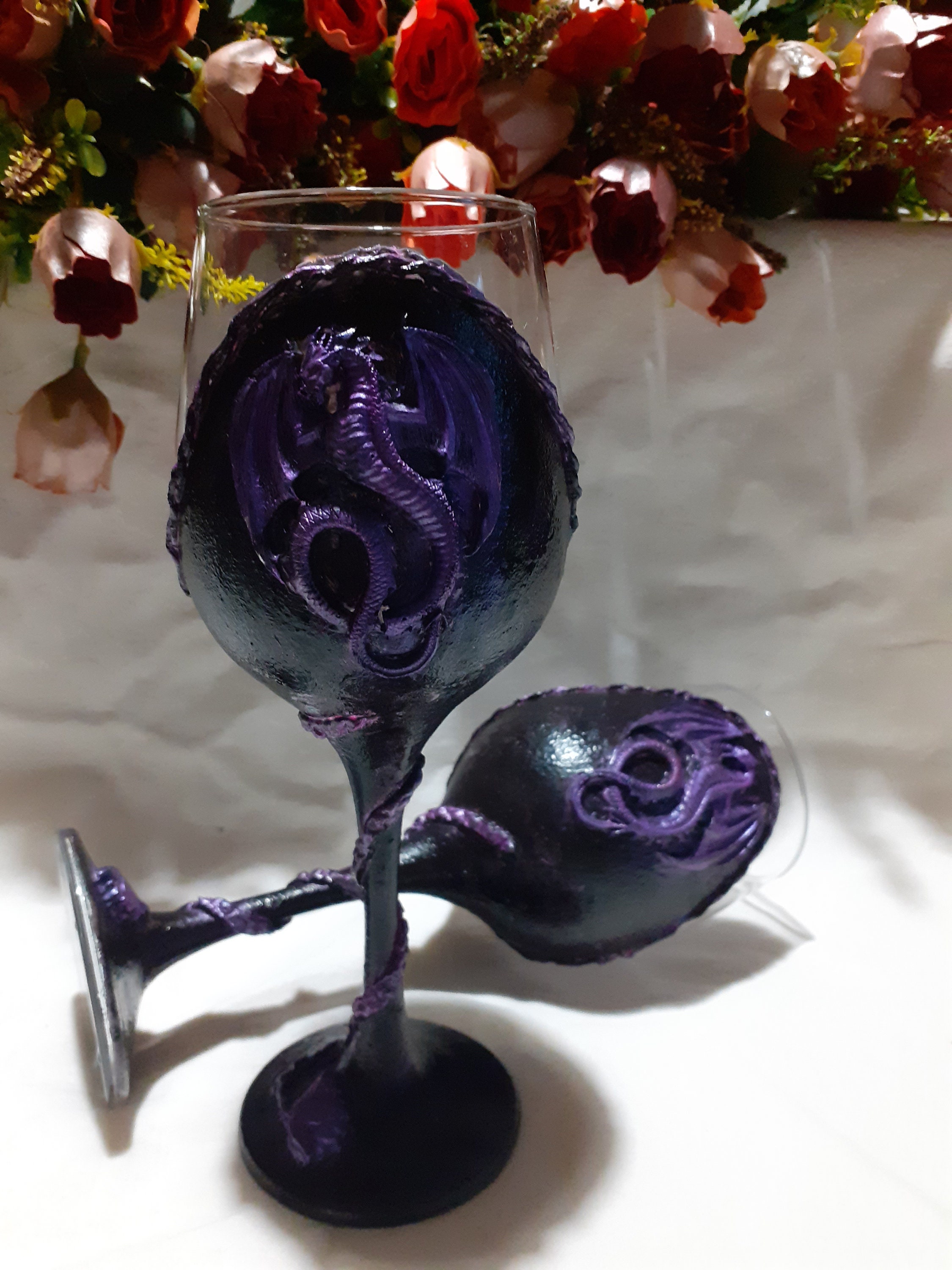 Magical Dragon: Hand-decorated cups with air clay in purple color