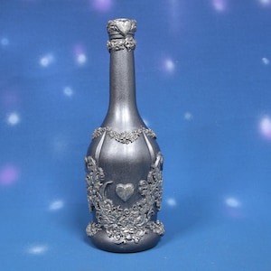 Hand Decorated Wine Bottle: Silver Graphite Air Clay Art