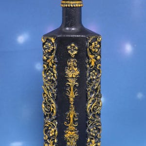 Handmade Decorated Wine Bottle Art, Black & Gold Anniversary Gift