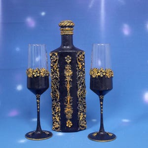 Air Clay Wine Set: Hand-Decorated Bottle & Glasses, Wedding Gift