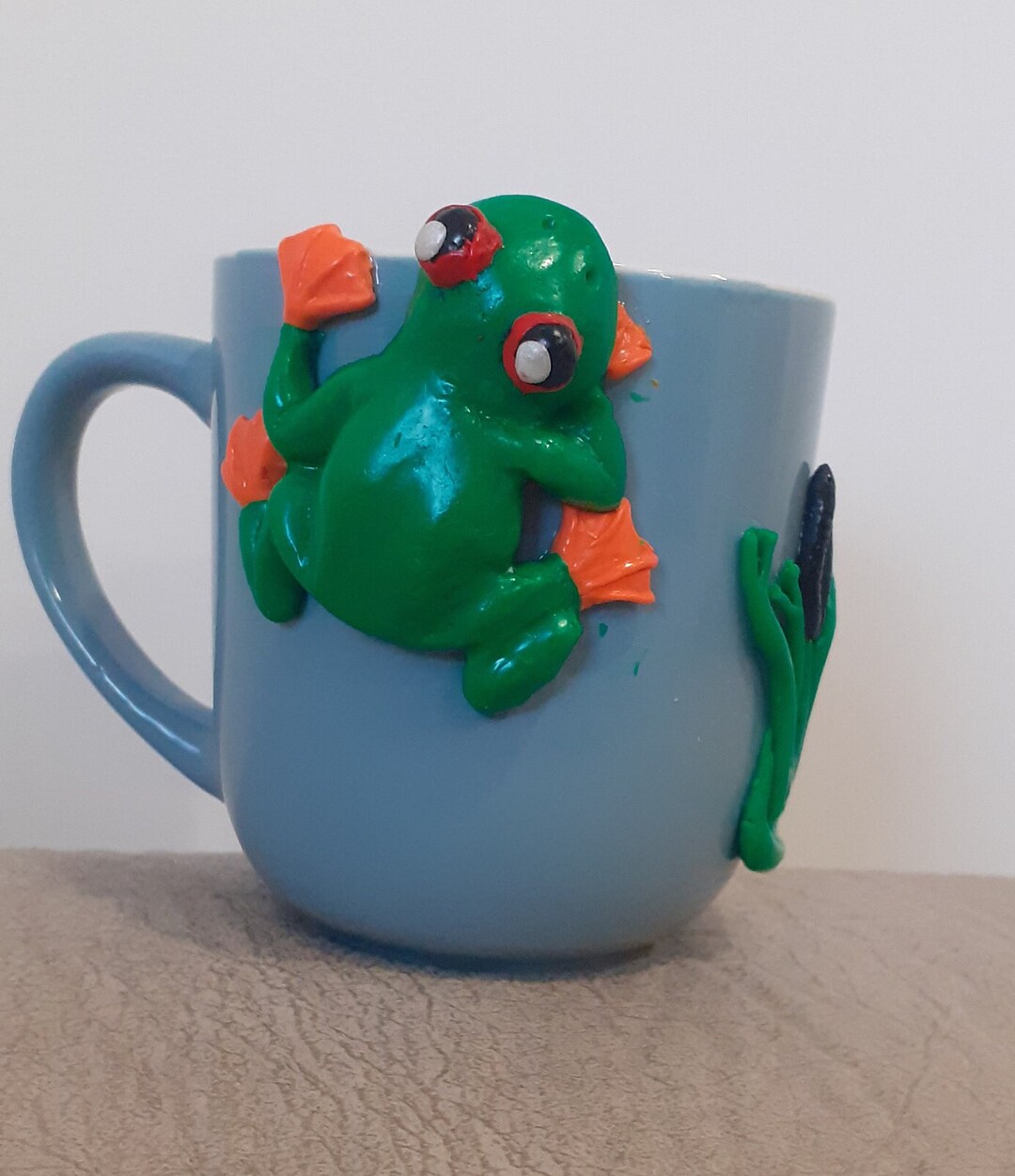Green Fun Handdecorated Ceramic Mug With Polymer Clay Frog Etsy