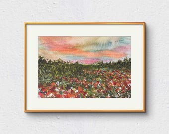 Campo de flores de acuarela - Impresión artística