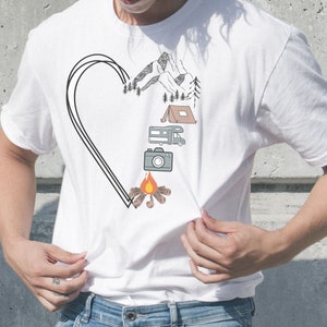 Heart Camping T-Shirt, Unisex Softstyle Graphic Tee, Camp Lover Shirt, Campfire Vacation T-Shirt, Adventure Tee, Hiking Shirt, Camping Gift