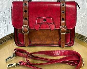 Y2K Vegan Faux Leather Satchel / Rojo Tan Negro / Inspiración retro de los años 90 / Bolso preamado Ecosusi / Bandolera de mano su estilo / Regalos cotidianos