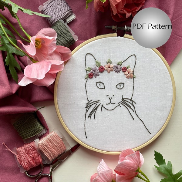 Cat Flower Embroidery, Cat Flower Crown Embroidery, Kitten Embroidery pattern, Digital Embroidery Pattern With Instructions