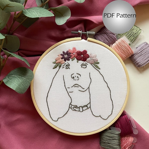 Cocker Spaniel Flower Embroidery, Cocker Spaniel Embroidery, Dog Flower Crown Embroidery, Digital Embroidery Pattern With Instructions