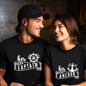 His Anchor Her Captain Cruising Partners Shirts, Cruise Couple Traveling Shirts, Funny Sailing Couple Shirts Cute Matching Valentines Shirt