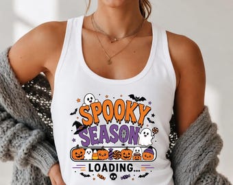 Halloween Season Loading Vintage Racerback Tank Top, Halloween Season Tank, Boo Ghost Tank, Women's Racer-back, Trendy Fall Tee