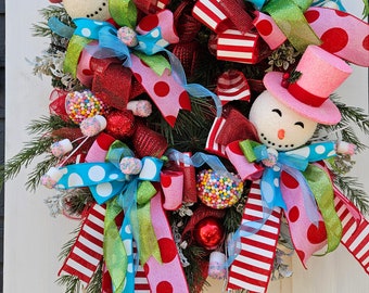 Christmas wreath, Snowman decor, winter wreath, mantle wreath, whimsical snowman wreath, holiday swag, Office snowman wreath, door decor.