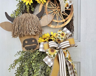 Highland Cow Wreath with Sunflowers | Farmhouse Door Decor | Rustic Country Wreath Rustic Sunflower Wreath with Highland Cow | Summer Door