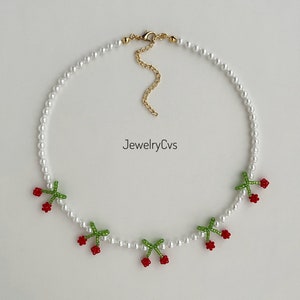 Cherry Necklace, Red Cherry Pearl Jewelry Handmade  Gift for Her