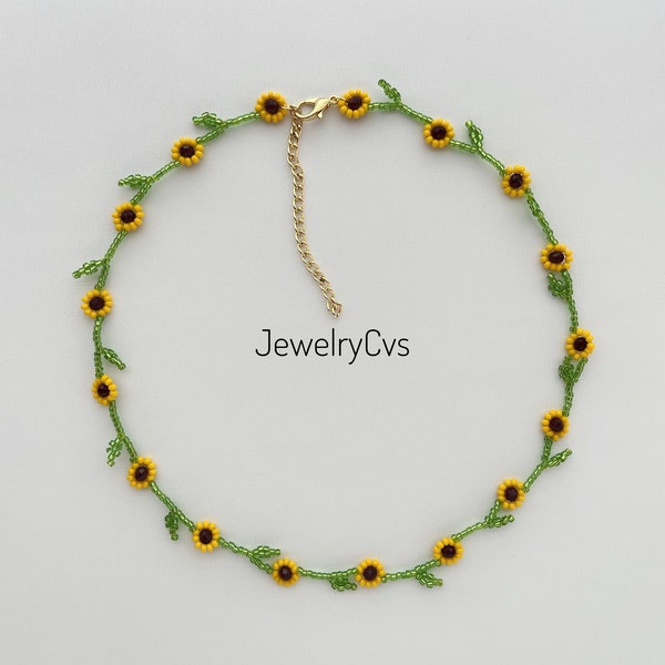 Sunflower Bead Necklace Flower Jewelry  Yellow Girasol Handmade Birthday Gift for Her