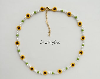 Flower Pearl Necklace, Sunflower Jewelry Handmade Gift for Her