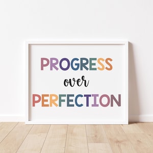 Motivational Kids Wall Art, Progress Over Perfection Print, Inspirational Quote, Positive Playroom Poster, Classroom Decor, Digital Download