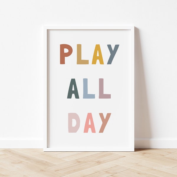 Rainbow Play All Day Printable Wall Art, Playroom Decor, Kids Room Print, Nursery Decor, Classroom Poster, Boho Teacher Sign, Let's Play Art