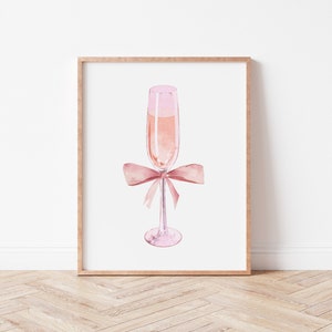 Champagne Bow Print, Coquette Poster, Trendy Wall Art, Pink Preppy Girl Aesthetic, Printable Apartment Decor, Kitchen Art, Bar Cart Art