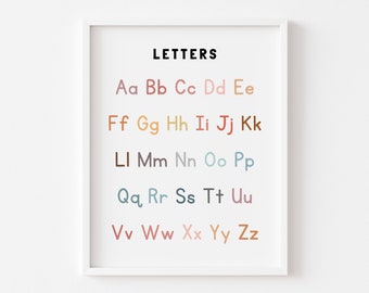 Puede incluir: Una impresión enmarcada en blanco con la palabra "LETTERS" en texto negro en la parte superior. El alfabeto se muestra en minúsculas, con cada letra en un color pastel diferente.