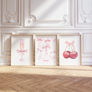 Trendy Rosa Schleife Prints 3er Set, Girly Schlafzimmer Wandkunst, Kokette Raumdekor, Rosa Preppy Girl ästhetik Poster, Über dem Bett druckbare Kunst
