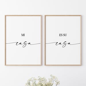 Art mural imprimable Mi Casa Es Su Casa, lot de 2 gravures, décoration d&#39;intérieur, citations espagnoles, enseignes pour chambre d&#39;amis, oeuvre d&#39;art dans une entrée, posters noir et blanc