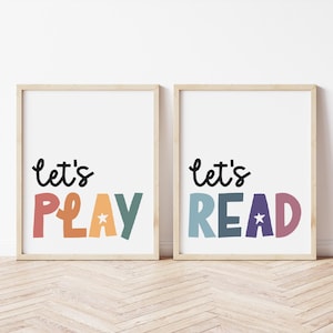 Playroom Prints Set of 2, Rainbow Kids Room Decor, Let&#39;s Play, Let&#39;s Read, Classroom Posters, Homeschool Sign, Boho Nursery Decor, Wall Art