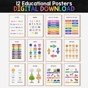 Set Of 12 Educational Posters, Homeschool Printables, Montessori Prints, Classroom Decor, Toddler Playroom Wall Art, Colorful Classroom Art