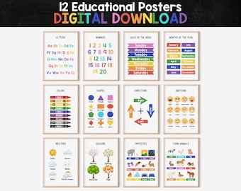 Set Of 12 Educational Posters, Homeschool Printables, Montessori Prints, Classroom Decor, Toddler Playroom Wall Art, Colorful Classroom Art