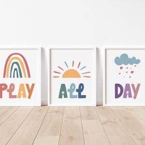 Playroom Posters, Set Of 3 Kids Prints, Play All Day, Boho Nursery Wall Art, Colorful Decor, Printable Preschool Wall Art, Let's Play Sign