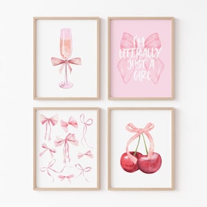Pink Bow Prints Set of 4, Girly Bedroom Wall Art, Pink Preppy Girl Aesthetic Posters, Trendy Coquette Room Decor, I&#39;m Just A Girl Printables