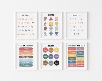 Set of 6 Educational Wall Art, Classroom Decor Bundle, Homeschool Learning, Montessori Prints, Printable Educational Posters, Alphabet