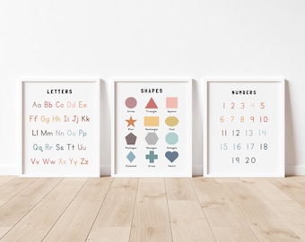 Set of 3 Educational Wall Art, Classroom Posters, Homeschool Decor, Alphabet Number Prints, Shapes, Kids Wall Art, Playroom Poster, Rainbow