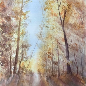 Bild Gemälde Original von Künstler Aquarell Herbst im Wald 30 cm x 40 cm Sonnenlicht
