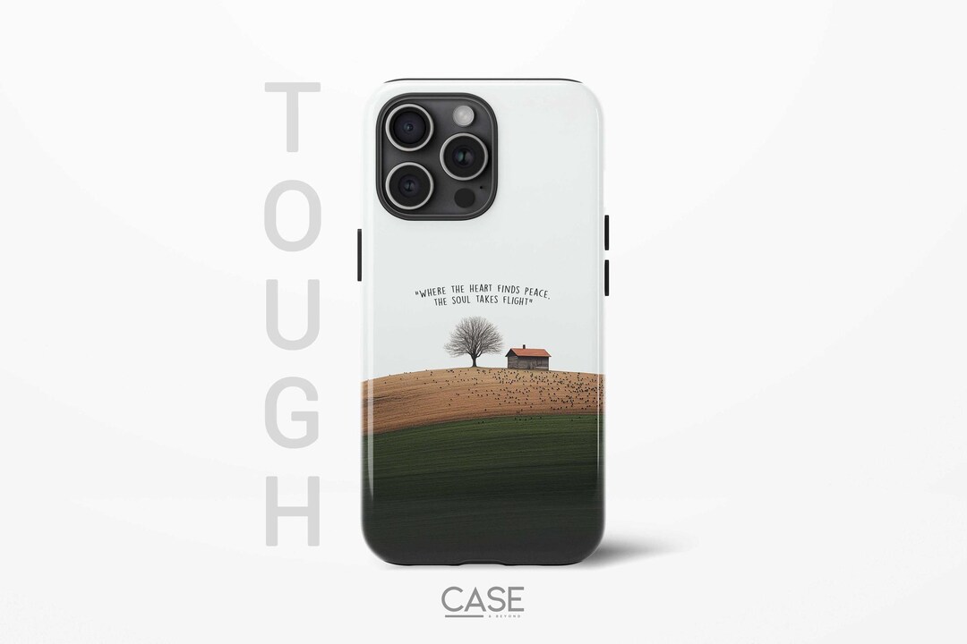 Minimalist Countryside Quote Phone Case, Peaceful Tree and Cottage