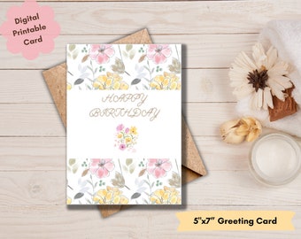 Digital Happy Birthday Card Floral Birthday Card Print at Home Printable Birthday Card For Her