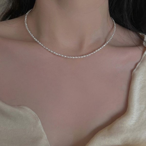 Collar de perlas naturales 45 cm (perlas de agua dulce) collar de perlas barrocas mujer, collar de plata de ley,collar de perlas gargantilla