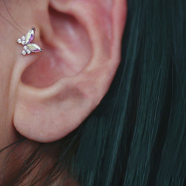 Piercing Oreja Mariposa de Plata 925 con Cristal para Mujer,Pendientes pequeño para Chicas,Joyas de plata 925 para Amigas, Regalo para Novia