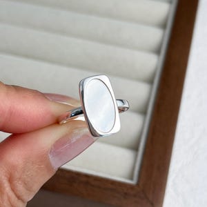 Minimalist Shell Ring Sterling Silver | Adjustable Open Band Ring | Mother of Pearl Statement Ring | Dainty Boho Jewelry for Women