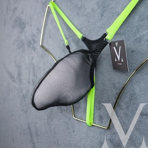 Keto See Thru Black Metallic Lime Straps MV-FWR8O Point Gear Pocket Tanga Mens Triangle Ring-Back String - Handmade Men Underwear Swimwear