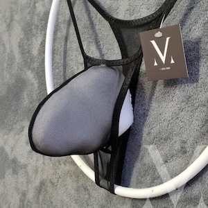 Theo Mesh Black MV-751F4 Low Waist Bulge Mens See Thru String Tanga Thong Bikini - Handmade Men Underwear Swimwear