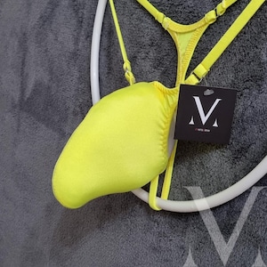 Keto Solid Yellow MV-E95Q2 Point Gear Pocket Tanga Mens Triangle Ring-Back String - Handmade Men Underwear Swimwear