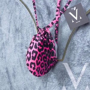 Dinlas Leopard Neon Pink Adjustable Pouch Regulated Teardrop Front Mens GString MV-G2W21