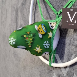 Leto FOE Emoji Christmas Green MV-57787 Pico 3D Bulge Mens Tanga String - Handmade Men Underwear Swimwear