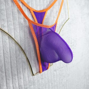 May include: A purple sheer mesh thong featuring a prominent contoured pouch and vibrant orange elastic trim. The garment is displayed on a gold-toned wire hanger, showcasing the translucent fabric and the bold contrast between the purple and orange.