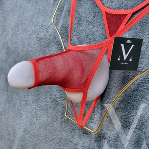 Handgefertigte rote Glitzer-Stringunterwäsche aus Mesh für Herren