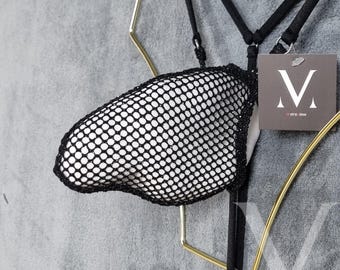 Ręcznie robione stringi Leto Mesh Black Glitter – męskie przezroczyste stringi