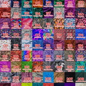 May include: Fabric color chart with various options, including solid colors, patterns, and holographic effects. The chart displays swatches with names like "Mystique," "Printed Lace," and "Snakeskin," offering a wide selection for crafting projects.