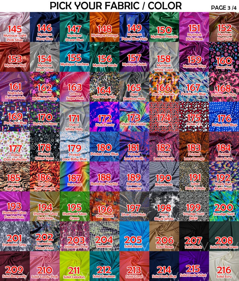 May include: Fabric color chart with various options, including solid colors, patterns, and holographic effects. The chart displays swatches with names like "Mystique," "Printed Lace," and "Snakeskin," offering a wide selection for crafting projects.