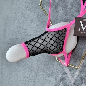 Cronus See Thru Black Stockings Neon Pink MV-27PLR Rocket Ouvert Sleeve Mens String - Handmade Men Underwear Swimwear