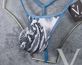 Handmade Snakeskin Men's Thong – Military Blue Enhanced Bulge Underwear