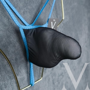MV-S6GQV Jason Mesh Black Aegean Blue Mens Triangle See Thru Bikini String - Handmade Men Underwear Swimwear
